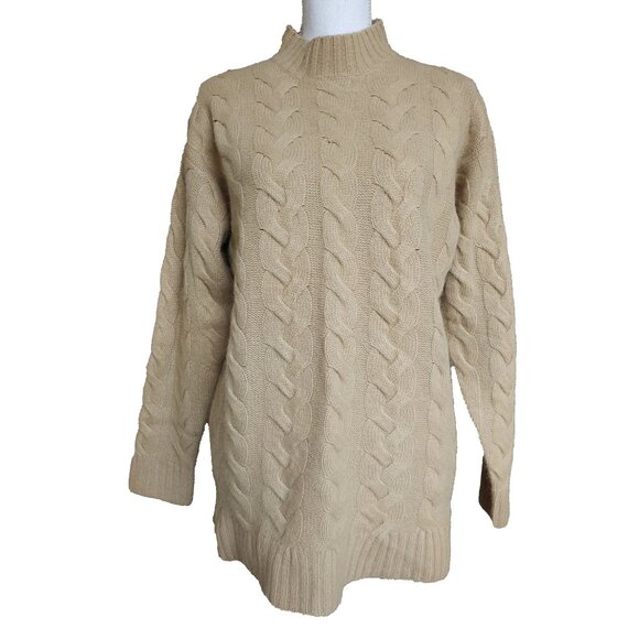 NYC Turtleneck Sweater Angora Wool Mock Neck Beige Cable Knit Long Sleeve Tunic - Picture 1 of 10